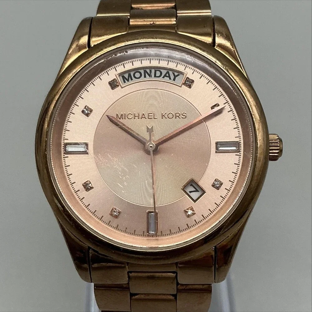 Michael Kors MK6077 Womens Watch 34mm Rose Gold Tone Day Date New Battery 6.5